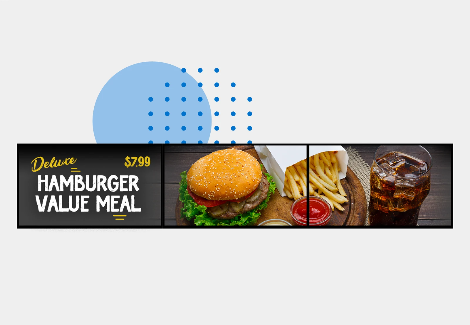 Three synchronized digital menu boards displaying a meal promotion across the screens