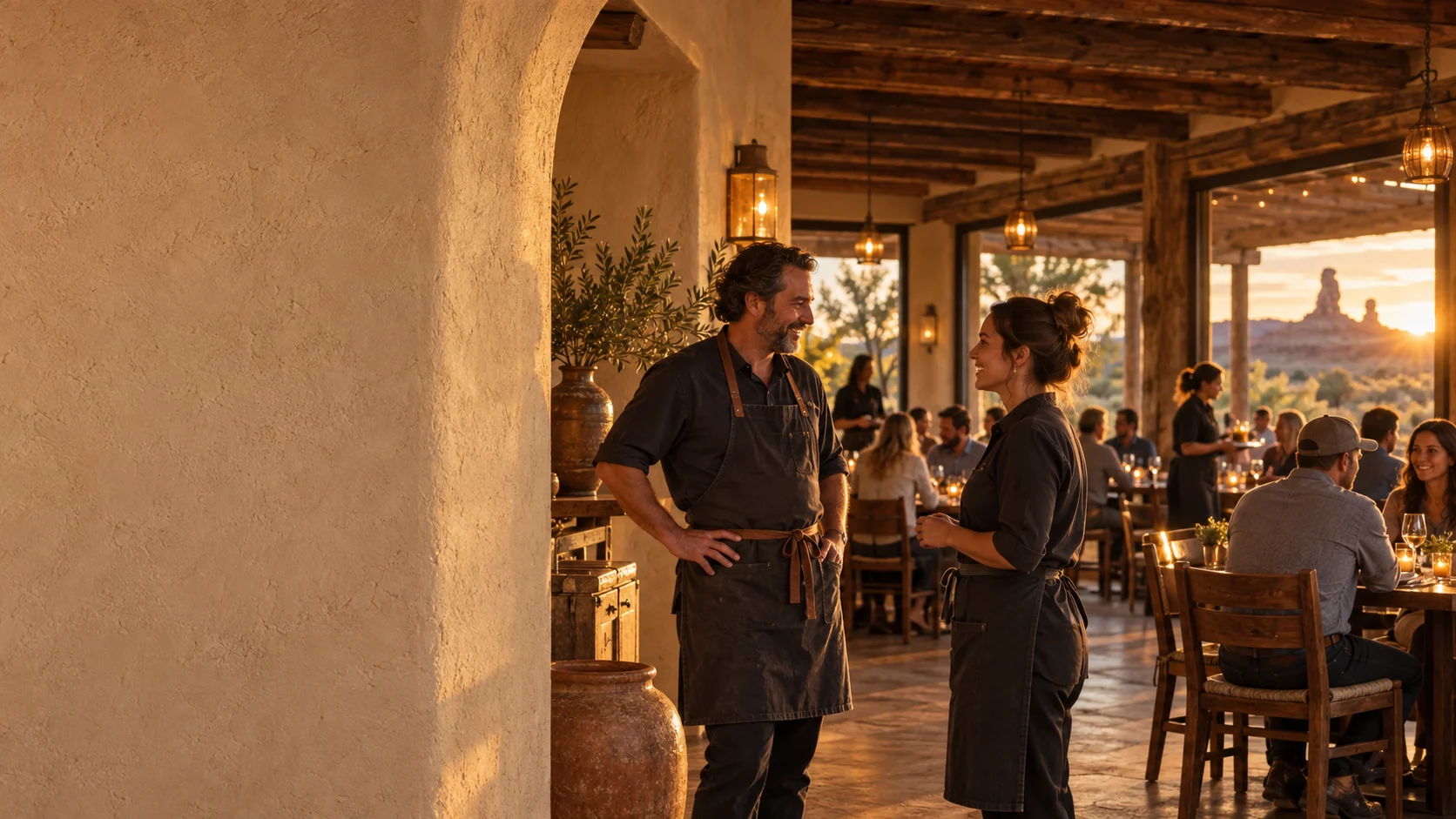 Illustrative restaurant owner and colleague talking during service