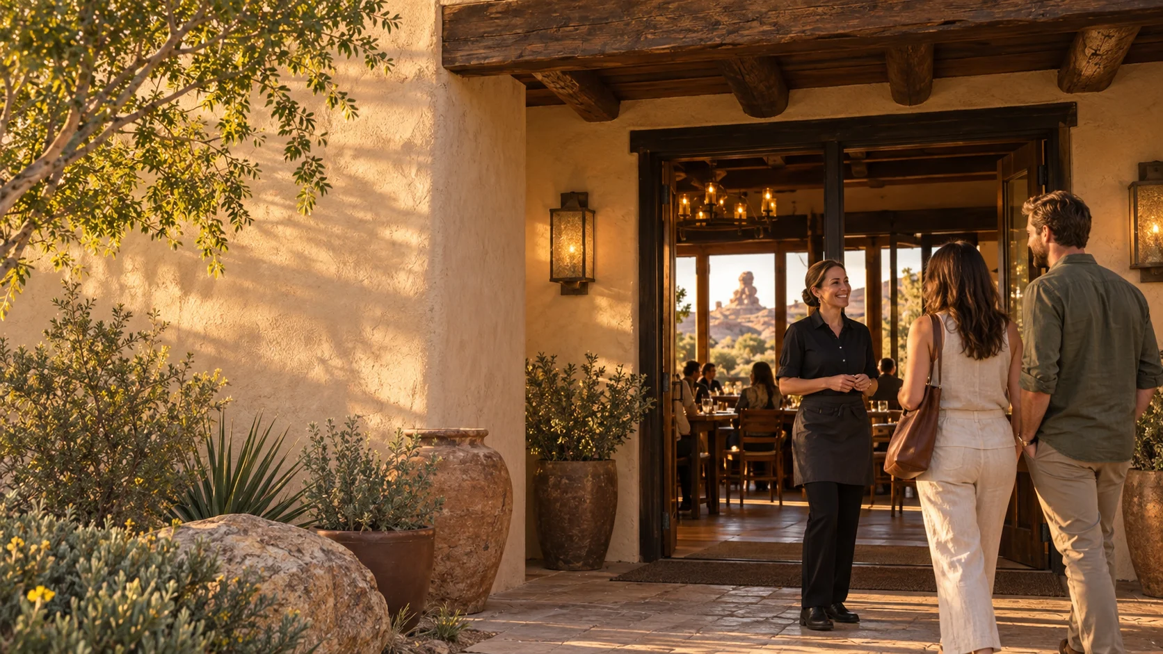 A host welcoming guests at the illustrative adobe restaurant