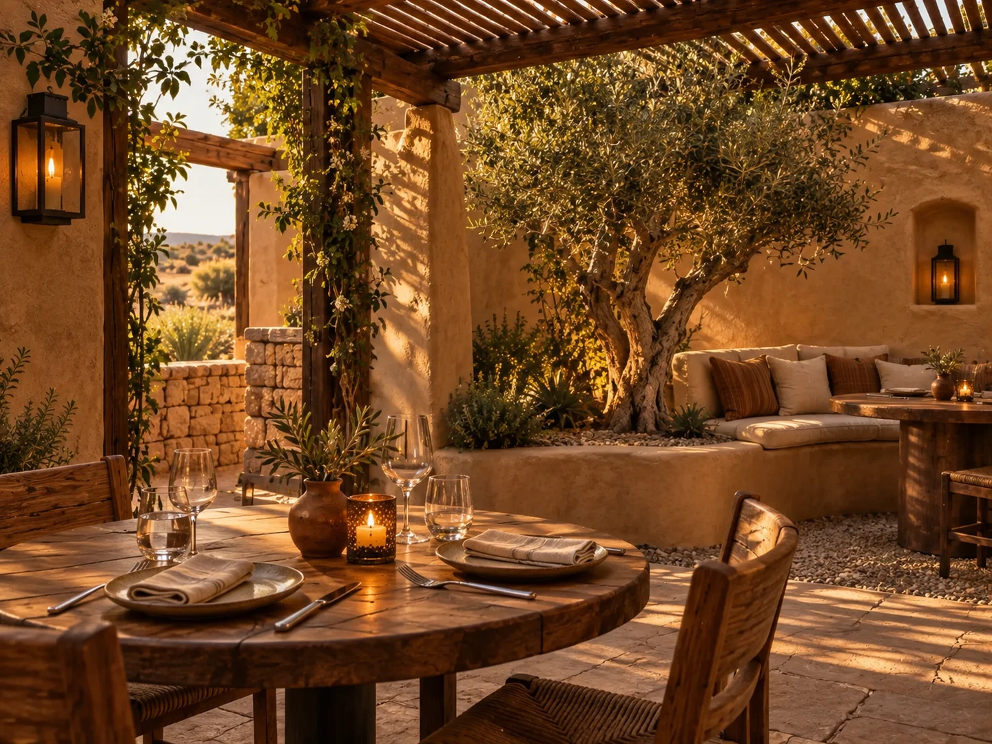 Illustrative quiet restaurant courtyard with a set table and olive tree