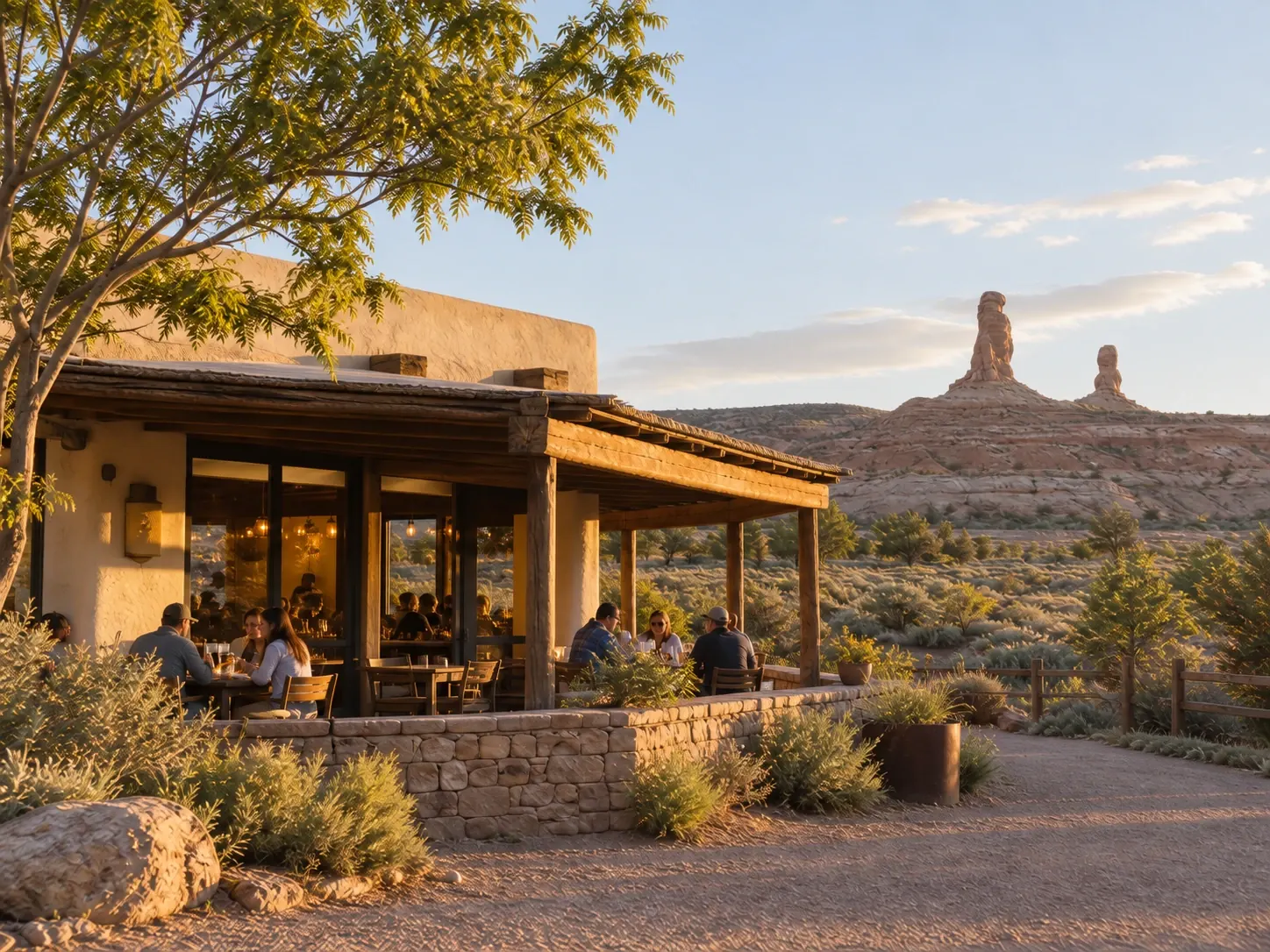 Illustrative desert restaurant patio with diners and sandstone hoodoos in the distance