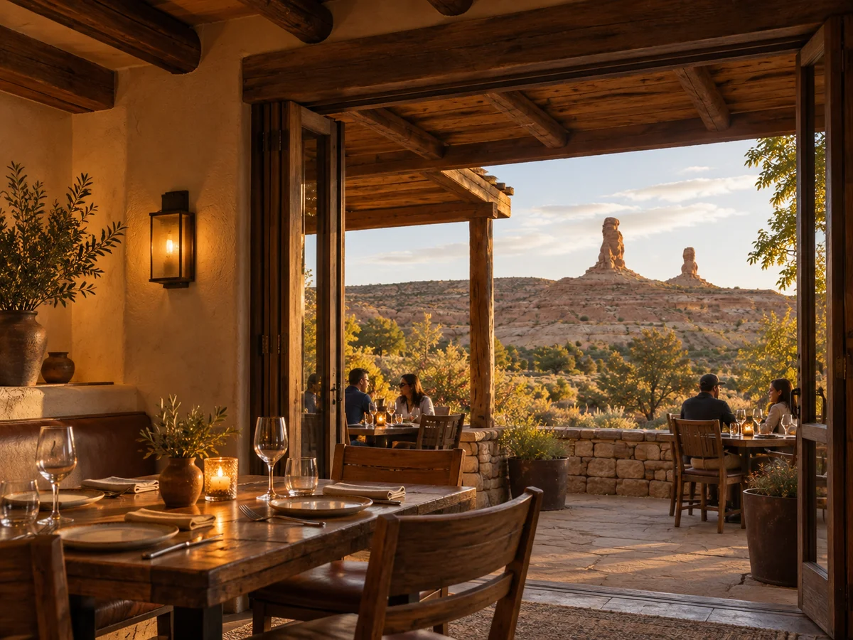 Illustrative view from the restaurant dining room through open patio doors toward sandstone hoodoos