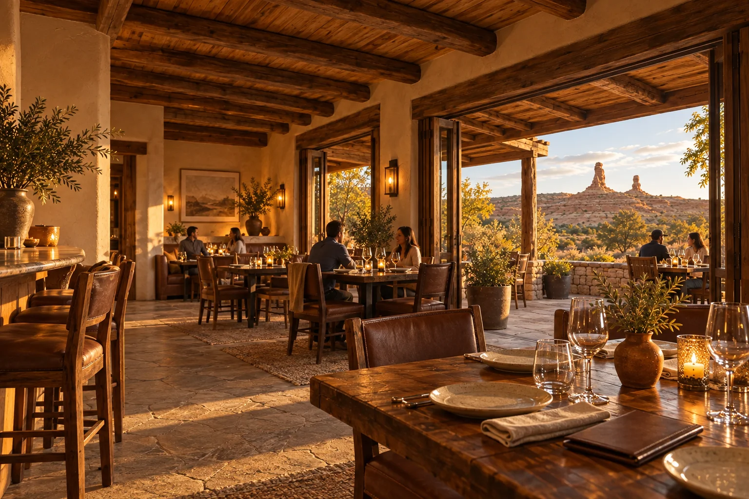 Illustrative view across the restaurant dining room toward the desert terrace