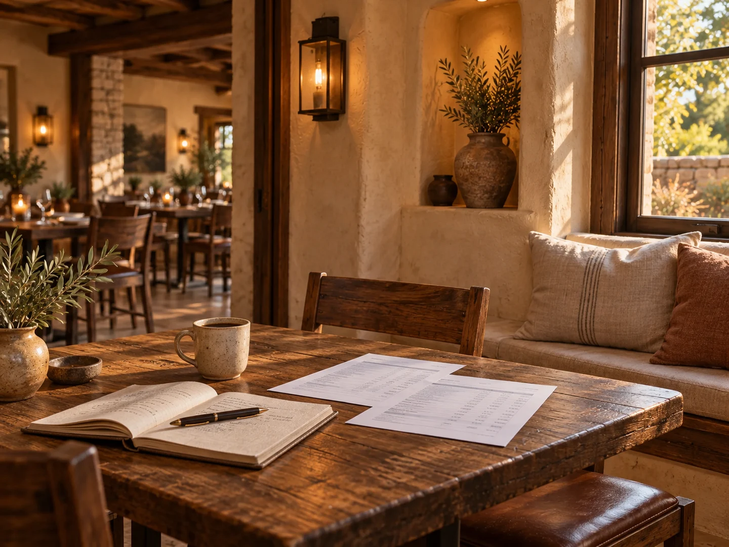 Illustrative restaurant planning table with notebook, papers, and coffee