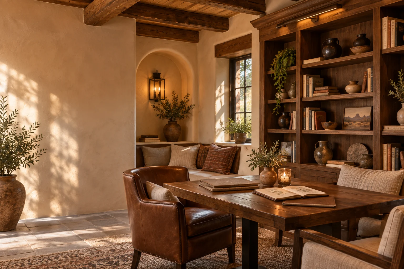 Illustrative reading and menu-planning nook inside the restaurant