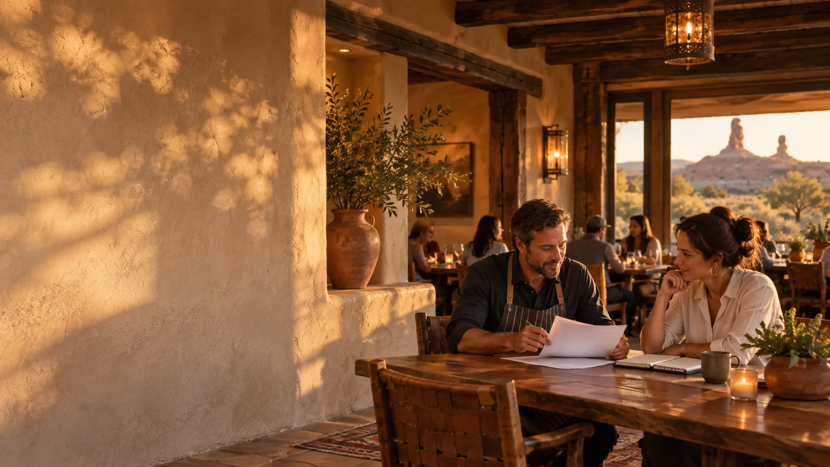 Illustrative restaurant owners reviewing paperwork together in a dining alcove